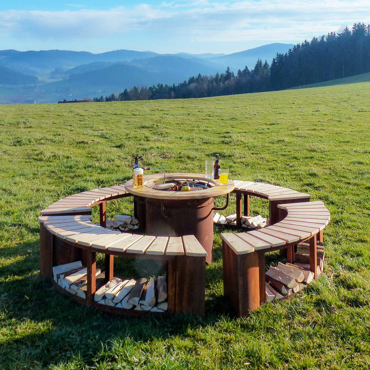 Grill & Feuerstelle Freiburg, Ø 100 cm, mit 4 Holzbänken