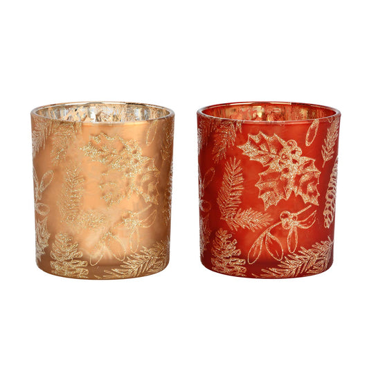 Windlicht 2er-Set aus Glas, H 10 cm, Rot & Gold