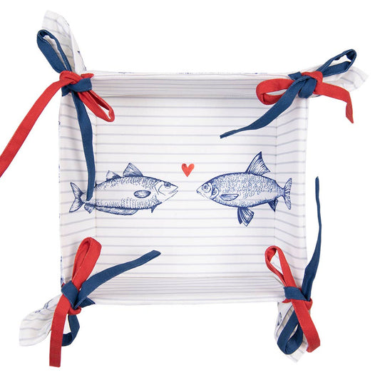 SSF47 Brotkorb 35x35x8 cm Weiß Blau Baumwolle Fische