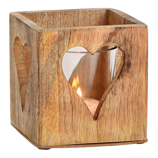 Windlicht Herz aus Mangoholz & Glas – 12 cm, Braun