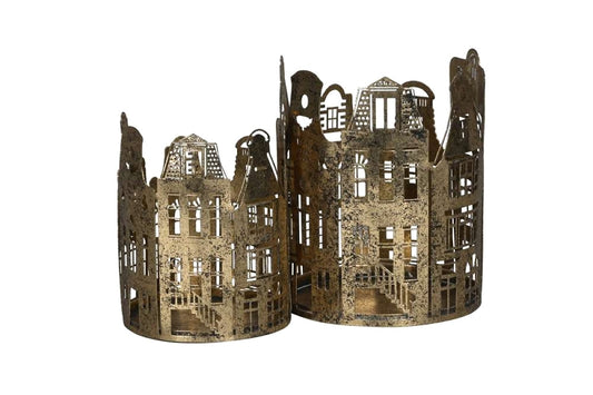 2er Set Windlichter Häuser aus Eisen, in Gold, verschiedene Größen