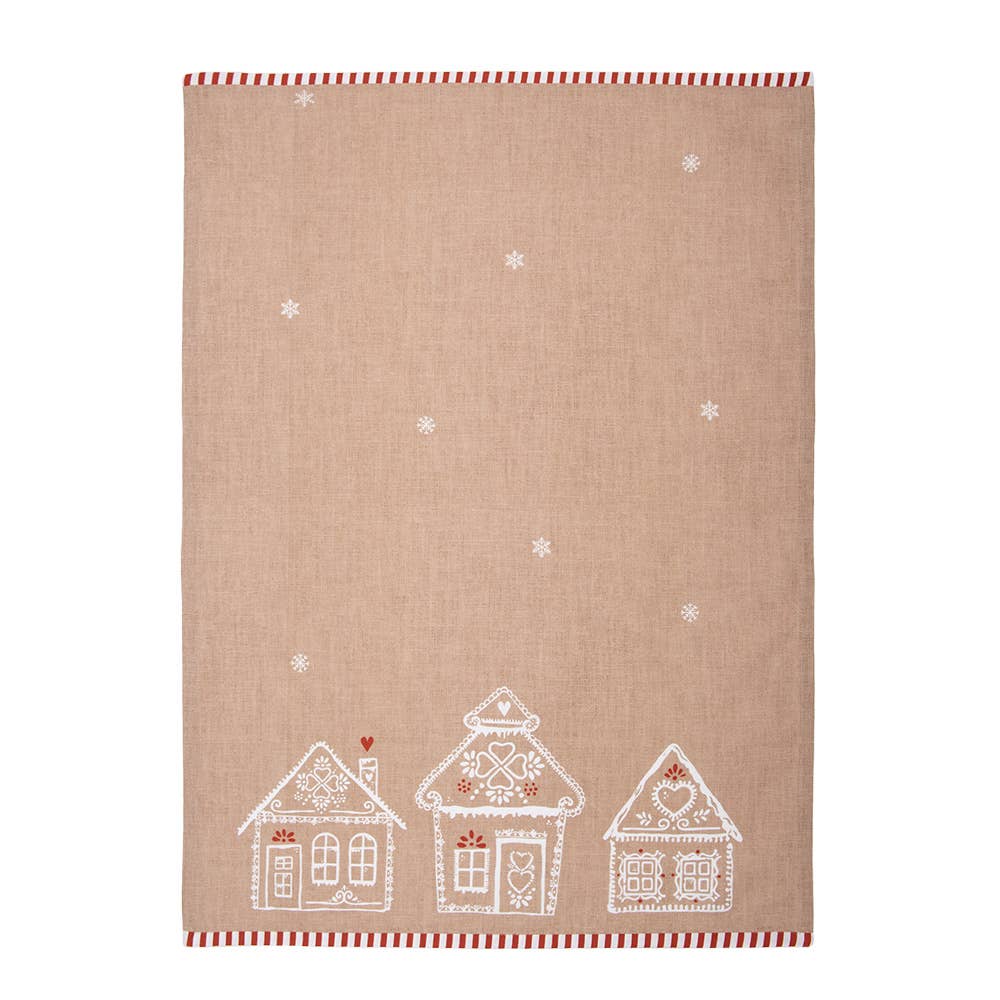 Clayre & Eef Küchentuch 50x70 cm aus braunem Baumwollstoff mit Lebkuchenhaus-Motiv