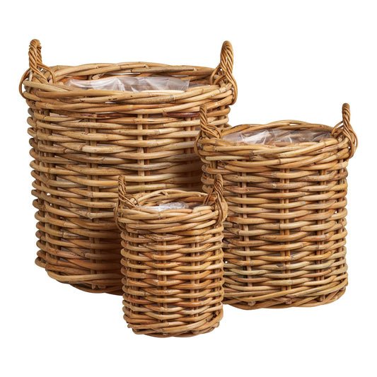 3er Set Flechtkörbe aus Rattan, Natur, mit Griffen