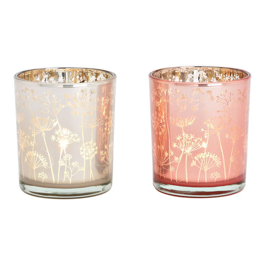 2er-Set Glas-Windlichter – Rosa/Creme mit Blumendekor