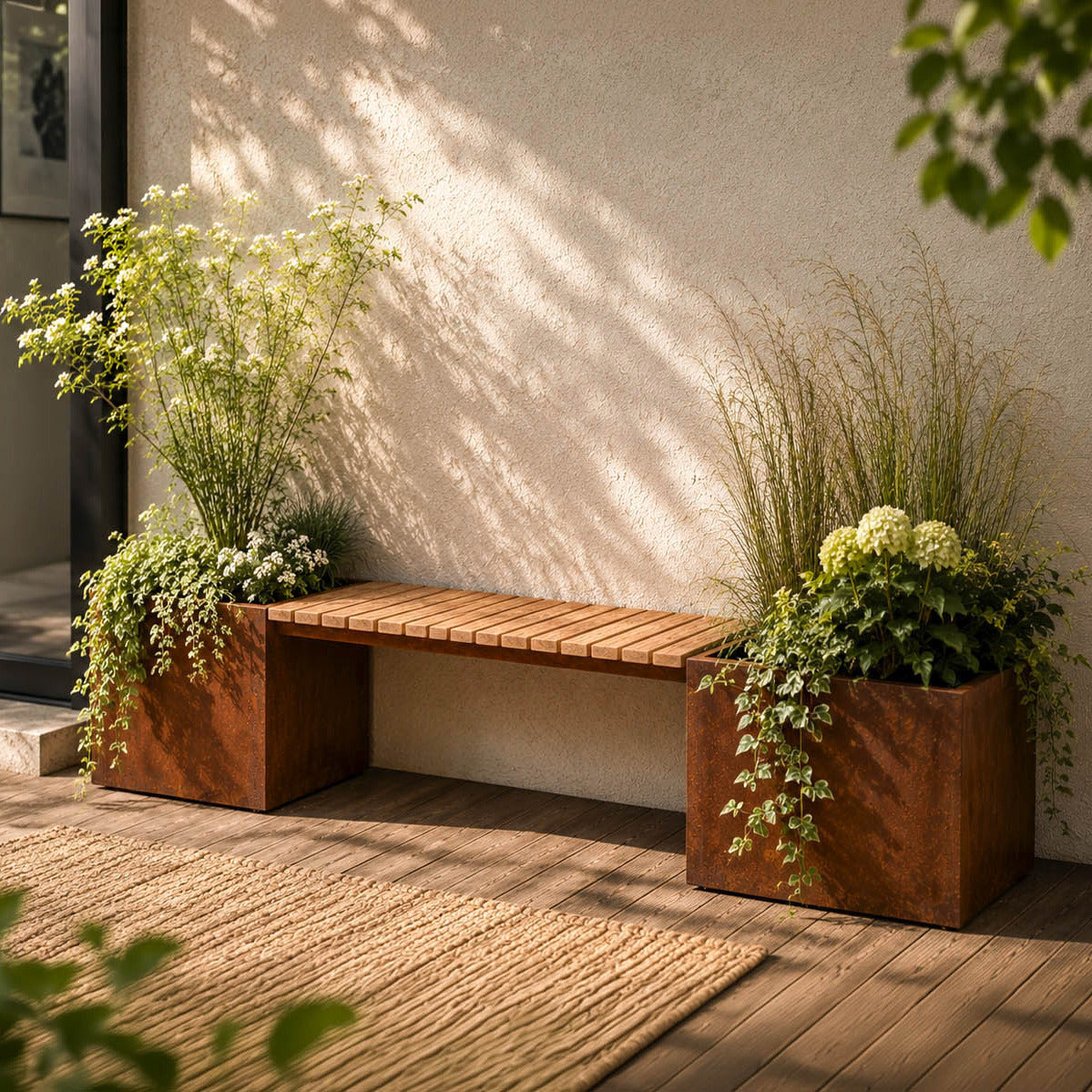 Gartenbank Valencia, Lärchenholz, 210 cm, mit Pflanzgefäß mit Boden