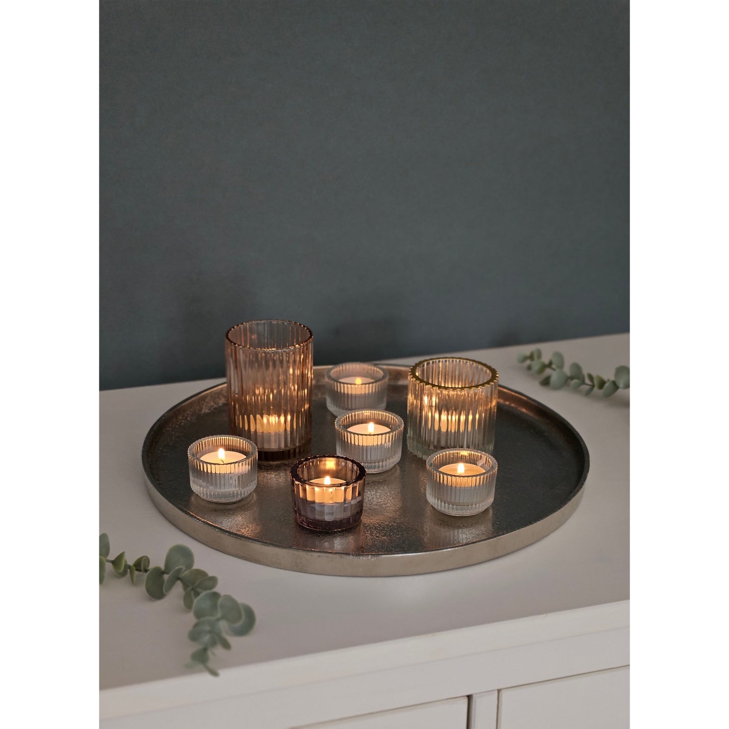 Deko Teller Schale silber rund 35 cm Kerzentablett Schale Metall