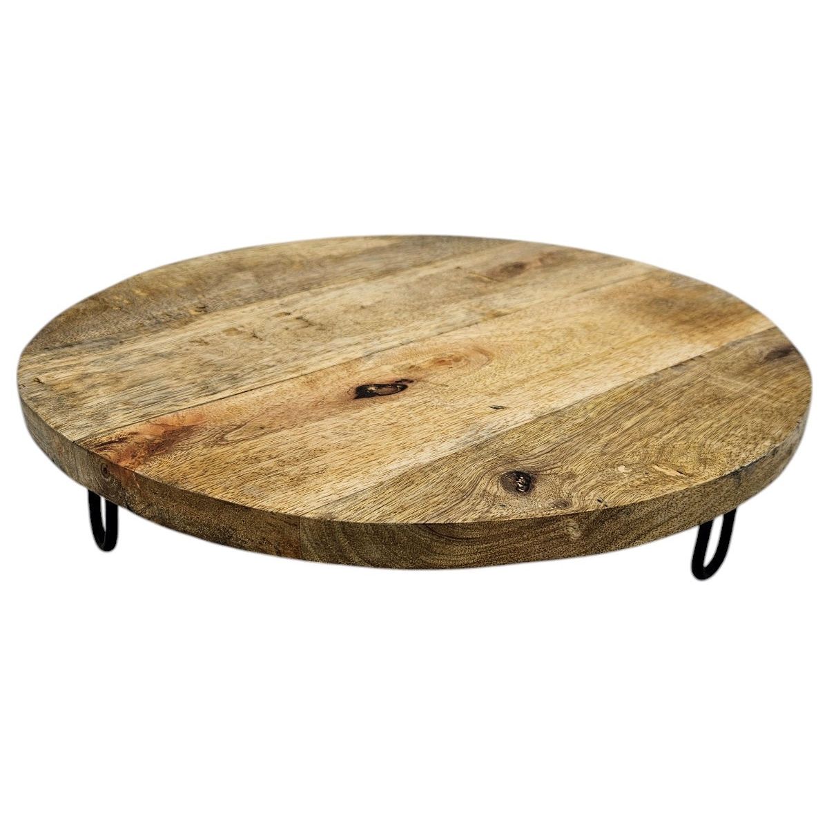 Servierplatte Dekoteller Mangoholz Kerzenbrett rund Holz braun Metall Fuß B-WARE