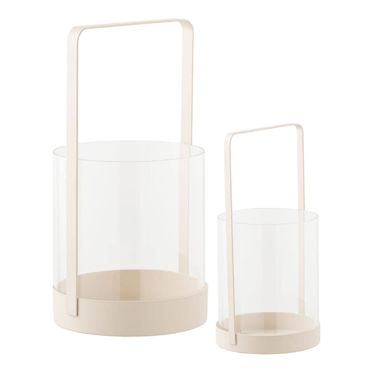 2er Set Windlichter aus Glas und Metall, in Beige