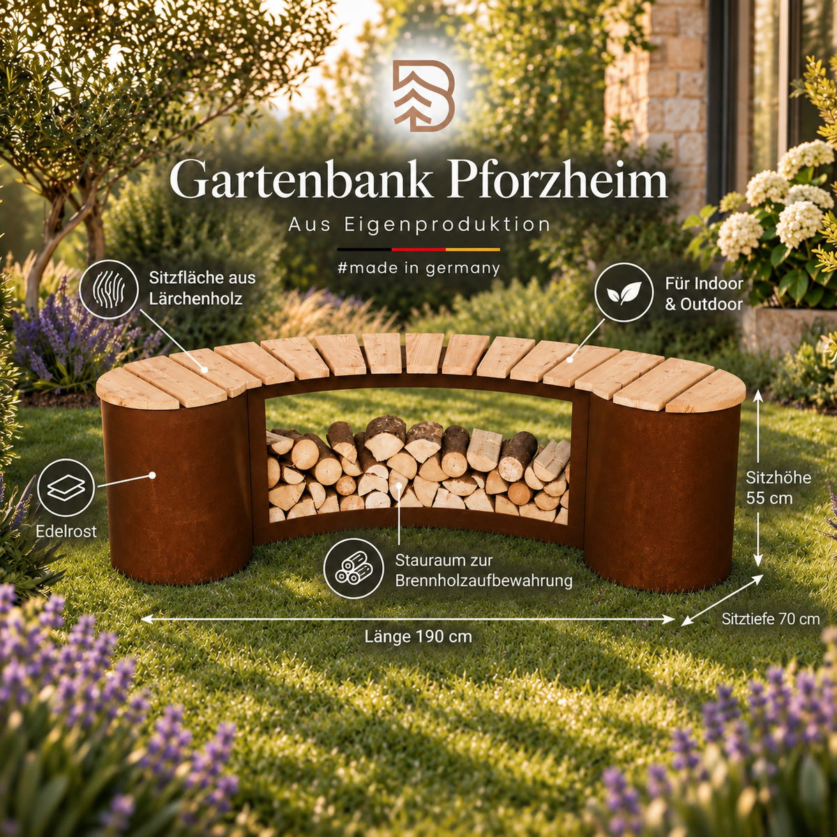 Bank Pforzheim aus Lärchenholz, 190 cm, mit Holzablage