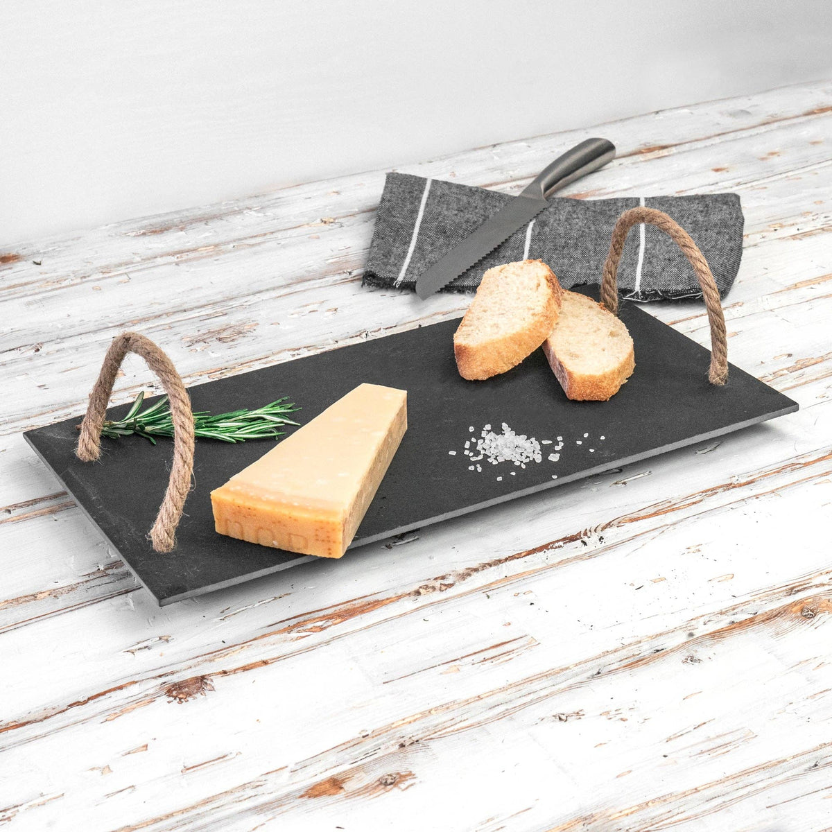 Servierplatte aus Schiefer – 40 × 20 cm, Seilgriffe