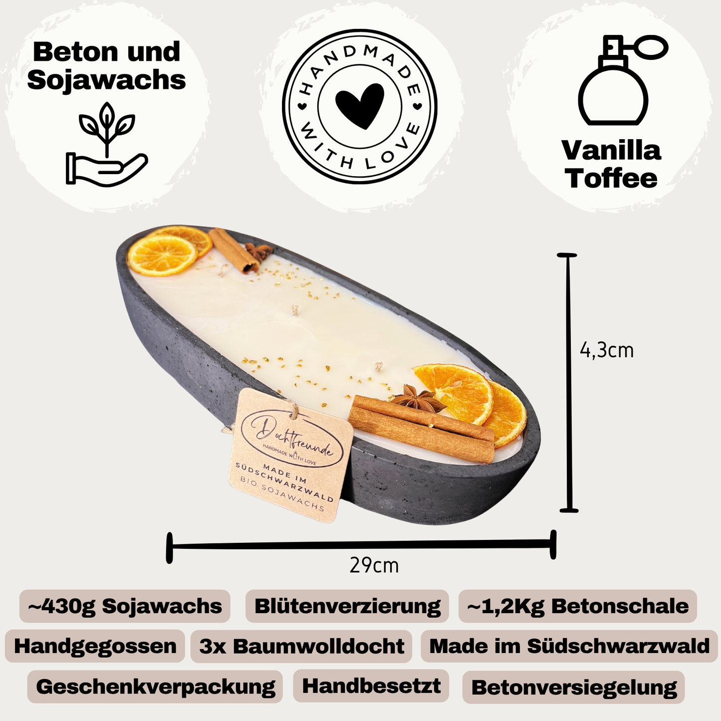 Black Edition - HANDGEMACHTE BETONKERZE "Black-Ship" - Stilvolle Sojawachskerze für Ihr Zuhause. Kerze mit Blütenverzierung und drei HOCHWERTIGEN Baumwolldochten