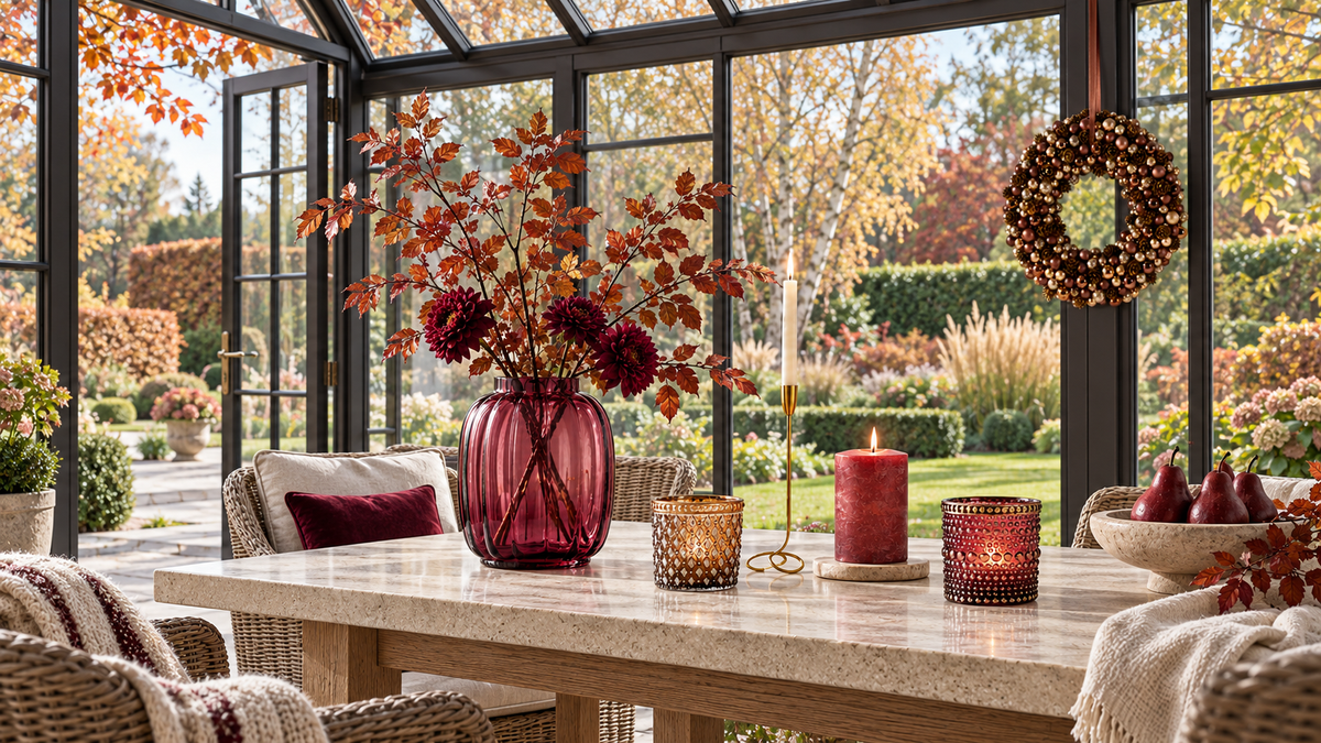 Heller Wintergarten mit Blick in den Herbstgarten, dekoriert mit bordeauxroter Glasvase, goldenen Kerzenhaltern und bronzefarbenem Kugelkranz