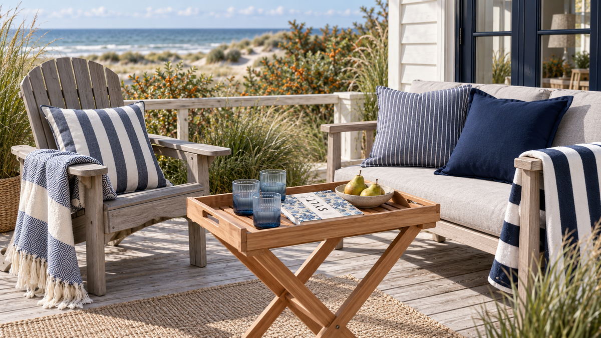 Küstenterrasse mit grauem Adirondack-Stuhl, Teak-Tabletttisch, marineblauen Kissen, gestreiften Tüchern und blauen Gläsern