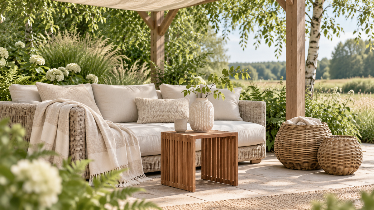 Helle Gartenlounge unter einer Holzpergola mit Teak-Beistelltisch Pego, beiger Keramikvase, Rattankörben und natürlichen Textilien