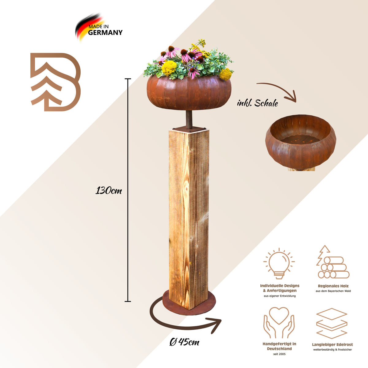 Pflanzsäule Jessica, Fichtenholz, 132 cm, inkl. Schale