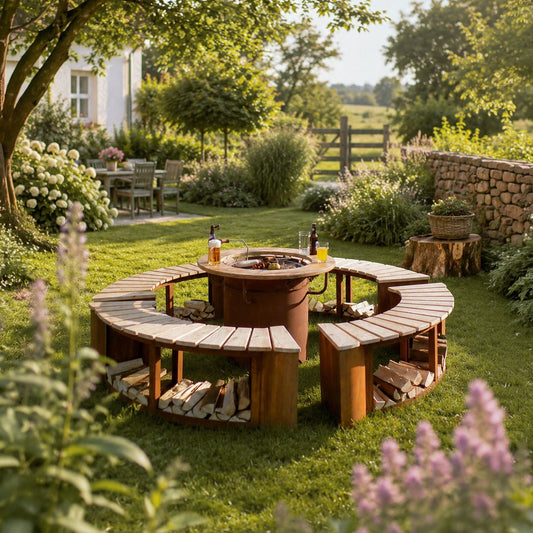 Grill & Feuerstelle Freiburg, Ø 100 cm, mit 4 Holzbänken