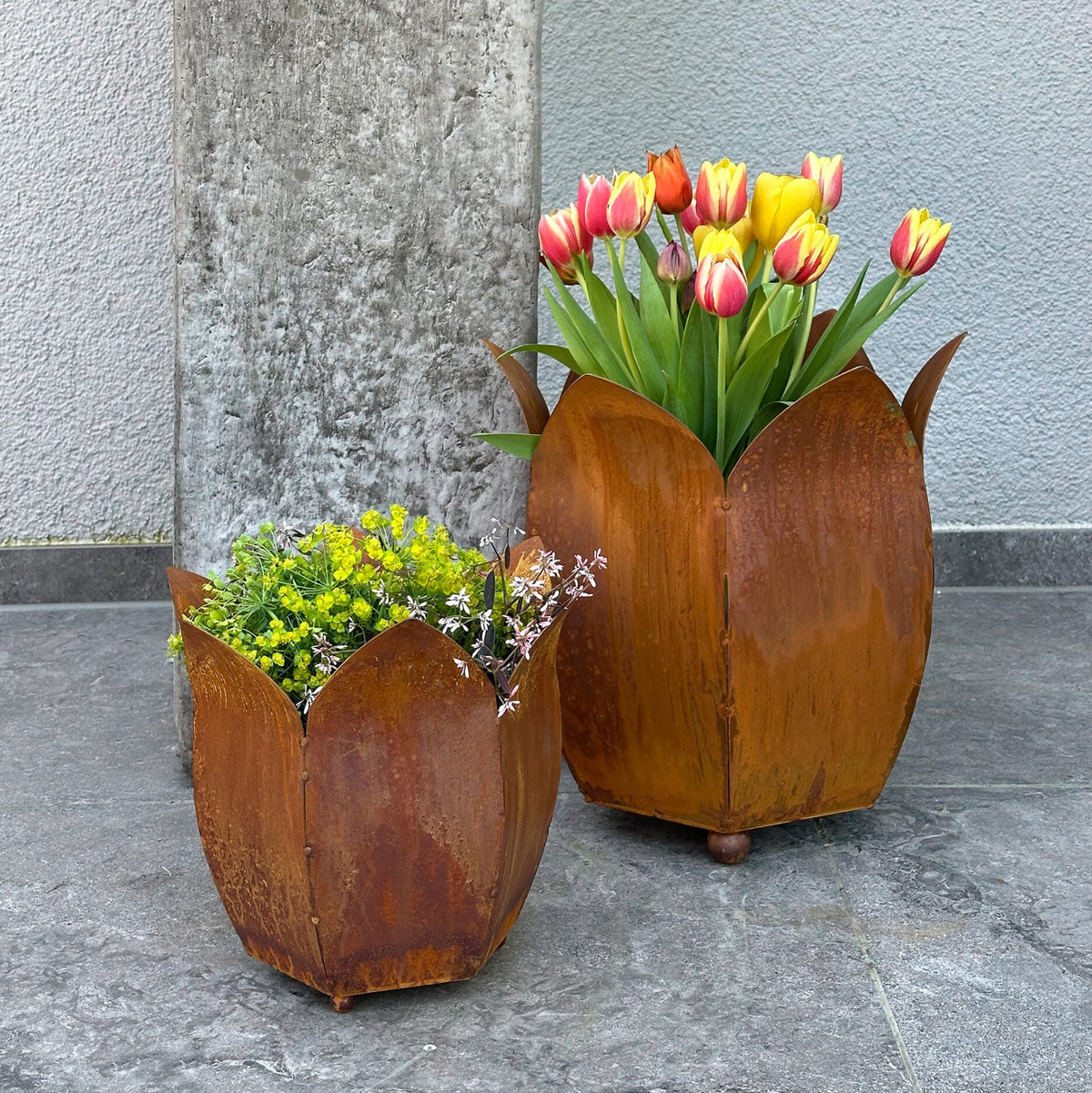 2er Set Pflanztöpfe Tulpe, Ø 37 & 42 cm, Edelrost