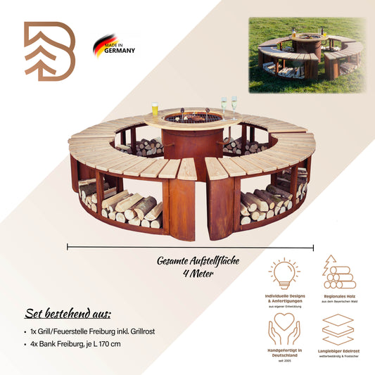 Grill & Feuerstelle Freiburg, Ø 100 cm, mit 4 Holzbänken