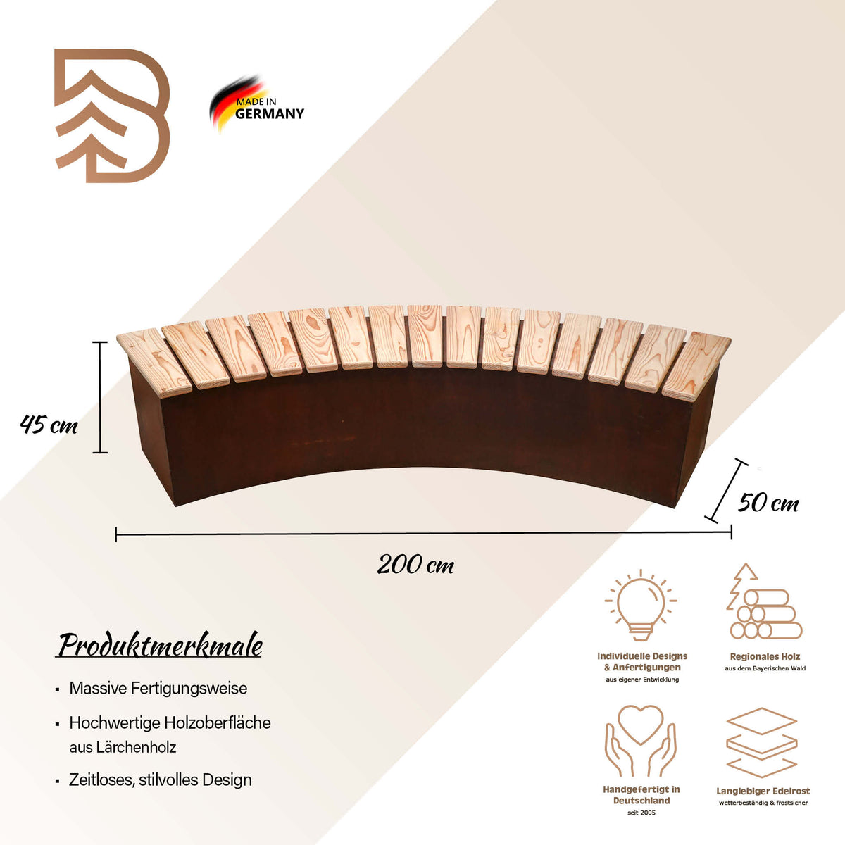 Bank Karlsruhe 200 cm, Lärchenholz & Edelrost