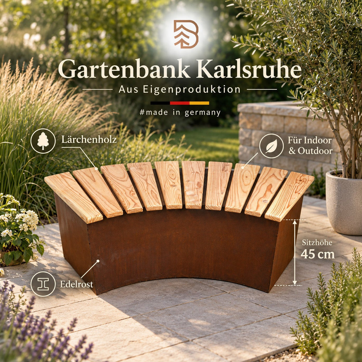 Bank Karlsruhe 125 cm, Lärchenholz & Edelrost