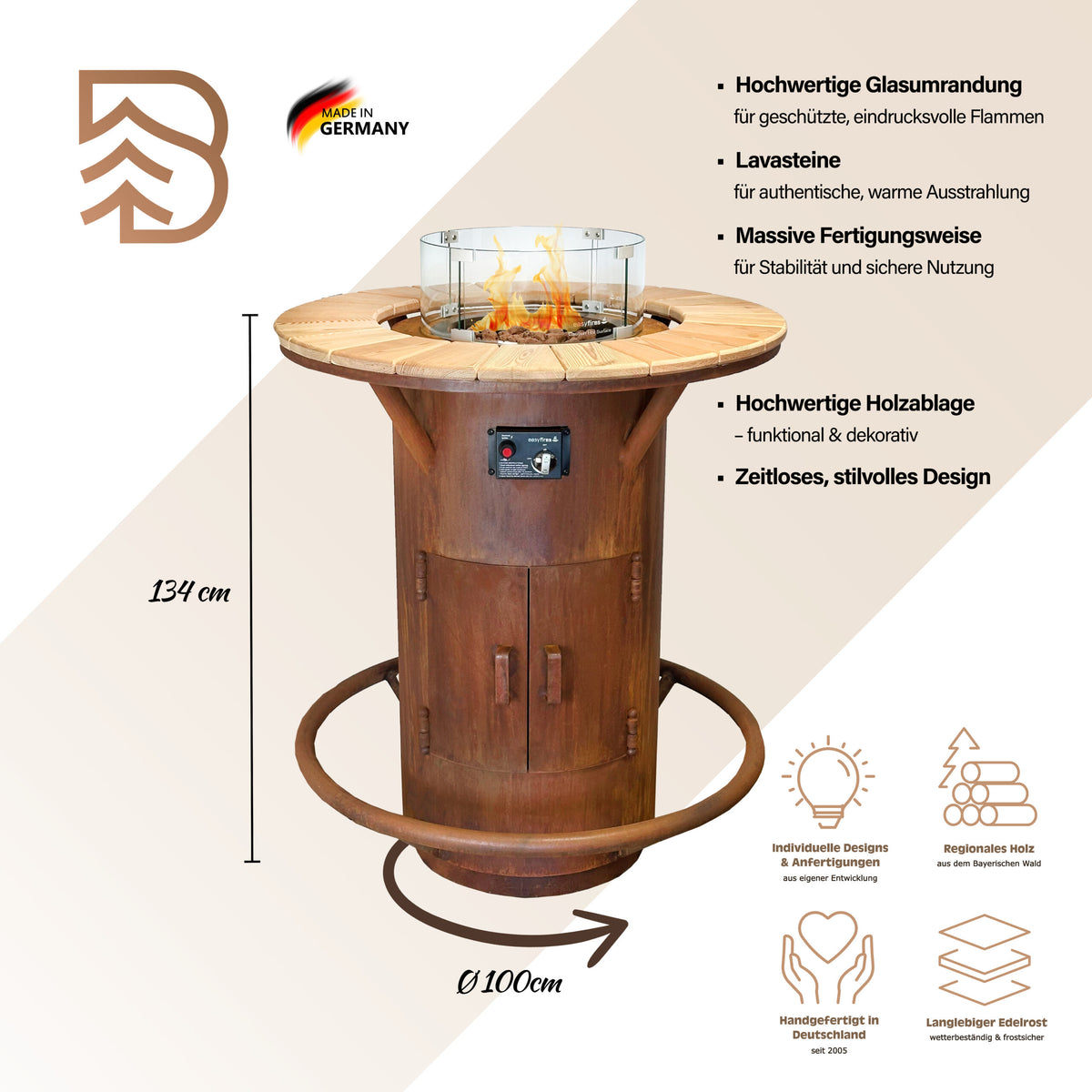 Stehtischofen Gasfeuer Ambiente, Ø 100 cm, mit Glasumrandung