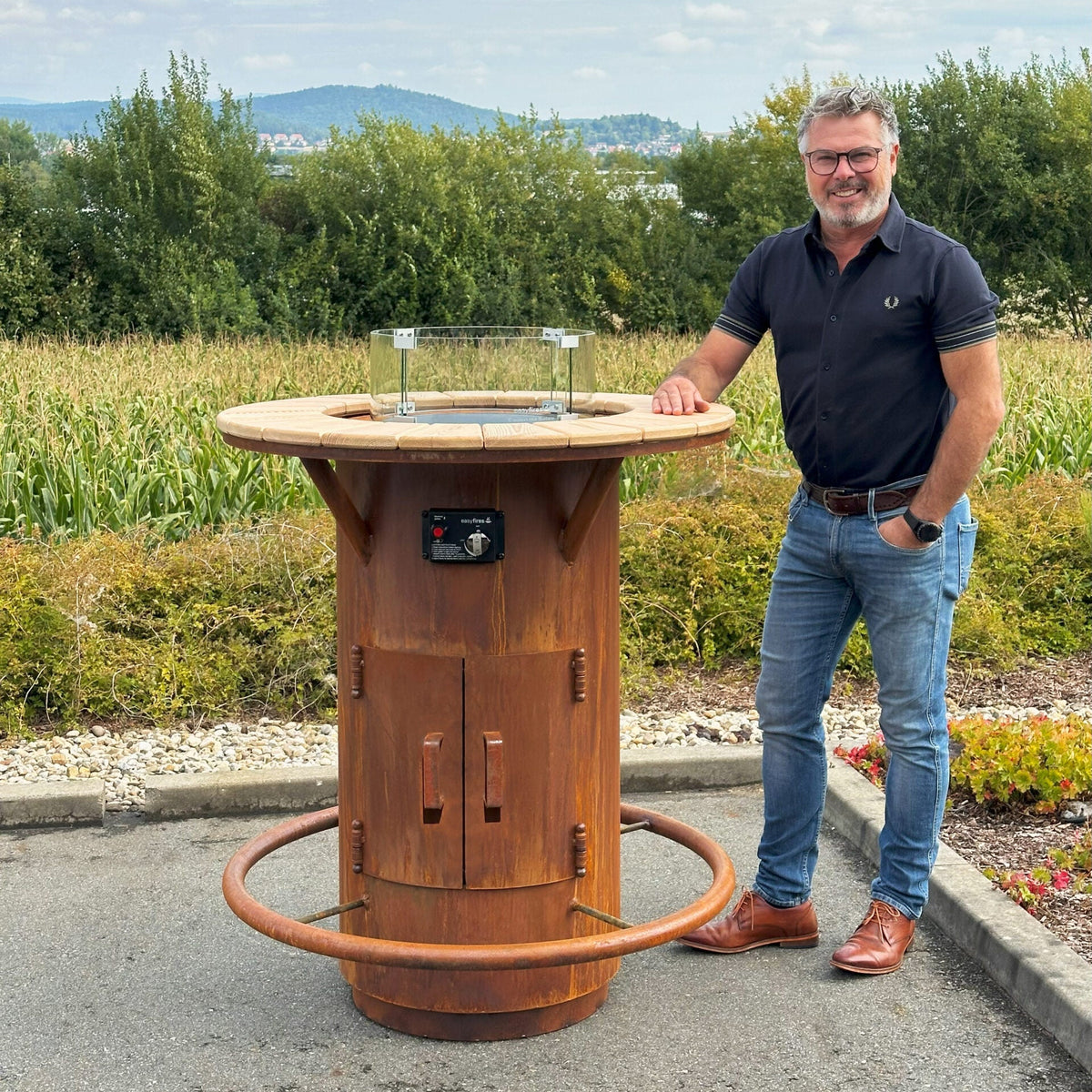 Stehtischofen Gasfeuer Ambiente, Ø 100 cm, mit Glasumrandung