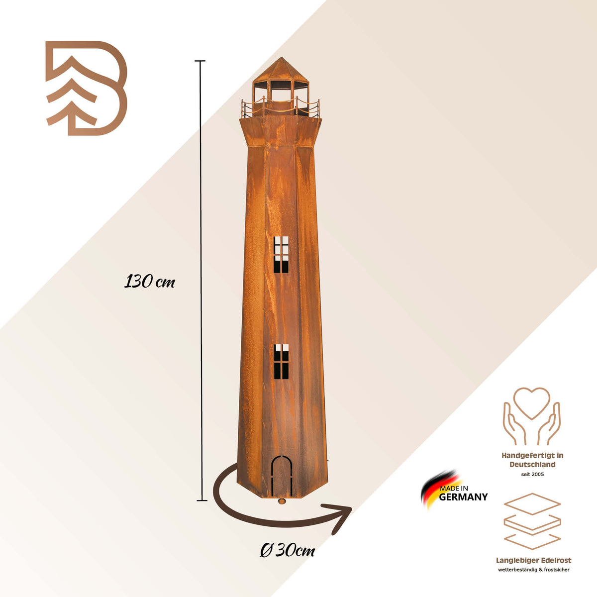 Leuchtturm aus Edelrost, 130 cm, dekorative 3D-Optik