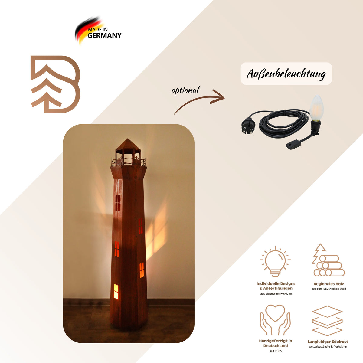 Leuchtturm aus Edelrost, 130 cm, dekorative 3D-Optik