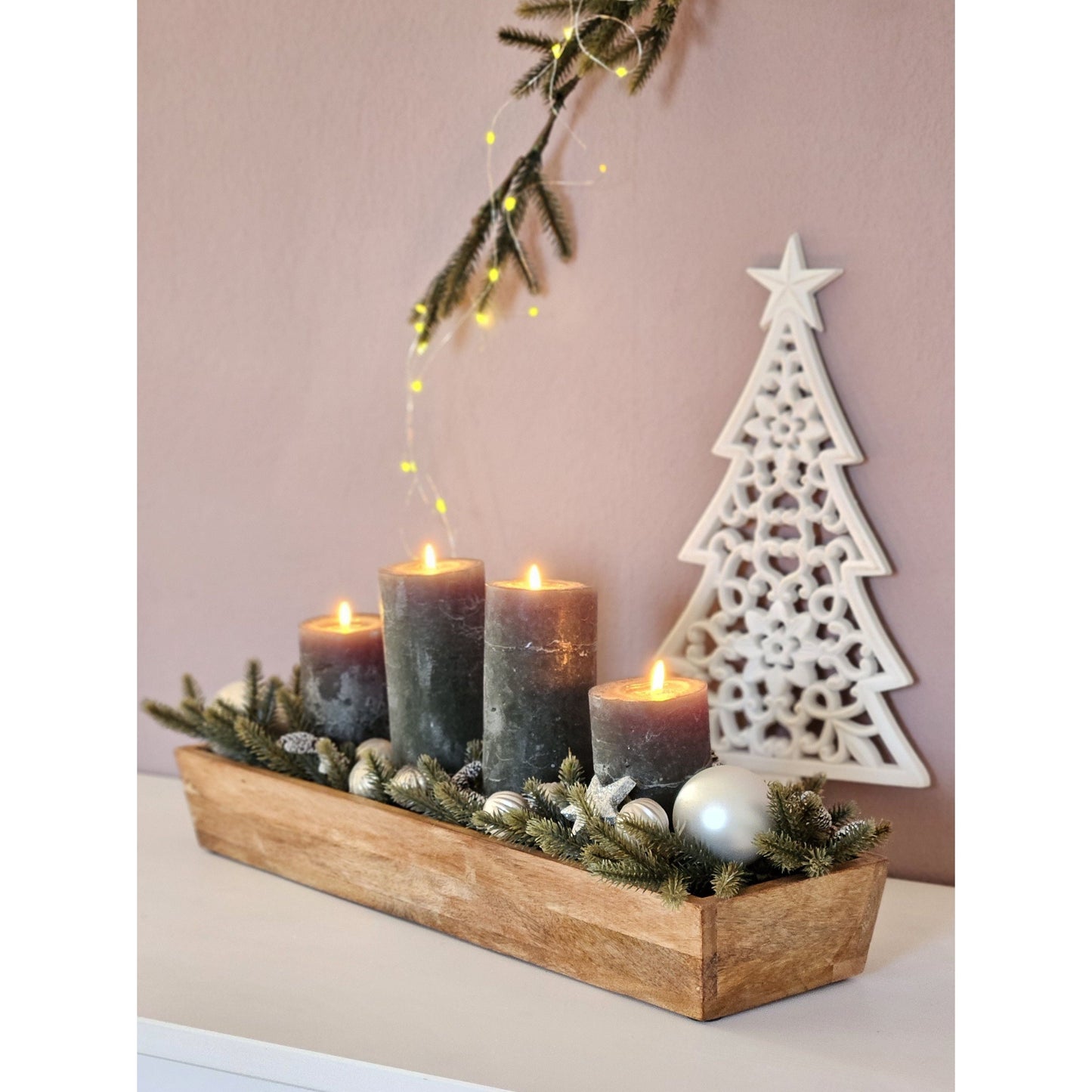 Kerzenhalter Kerzenständer Tablett Holz Mangoholz Advent Deko für 4 Kerzen 53 cm