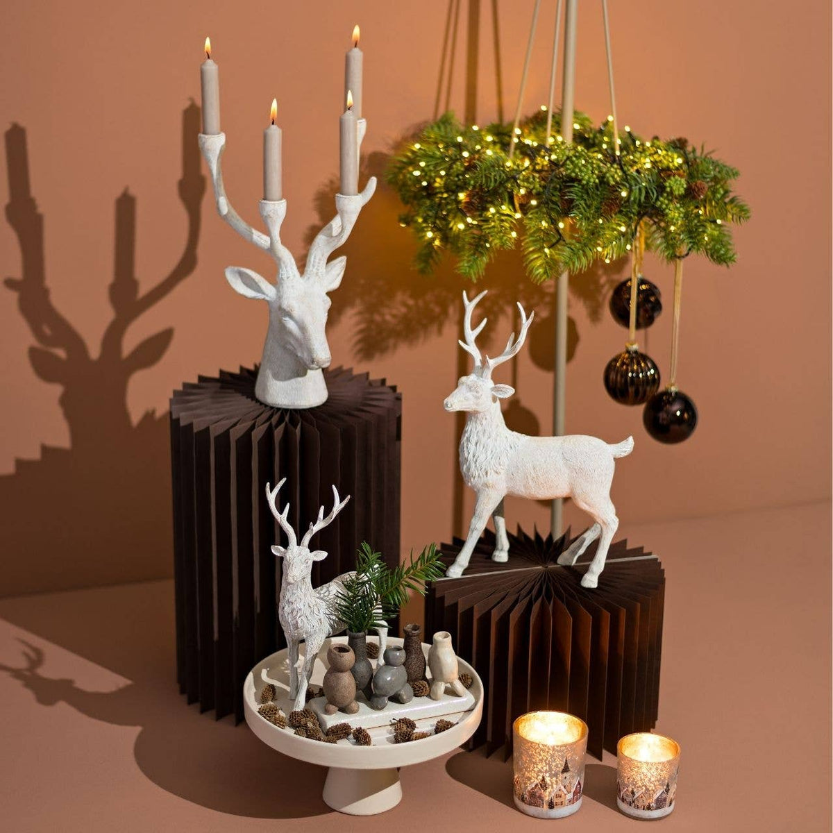 2er Set Windlichter Häuser, aus Glas, winterliches Motiv