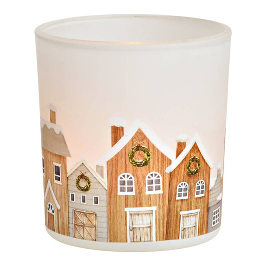 Teelichthalter Stadt im Winter aus Glas weiß (B/H/T) 7x8x7cm