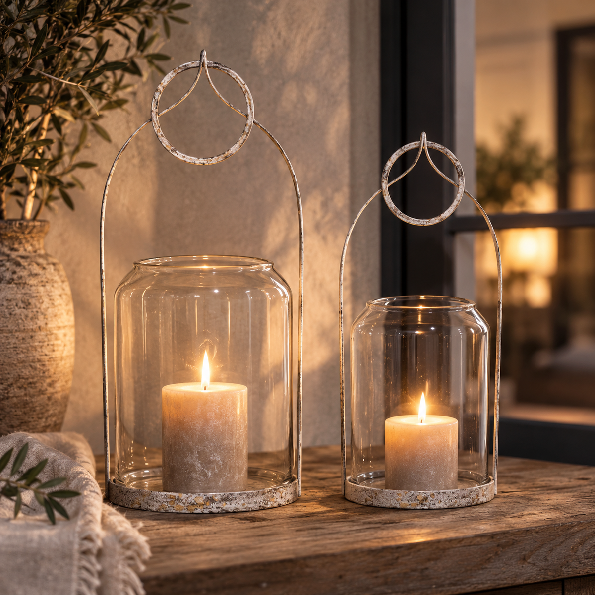 2er Set Windlichter, Vintage Look, in Weiß-Gold
