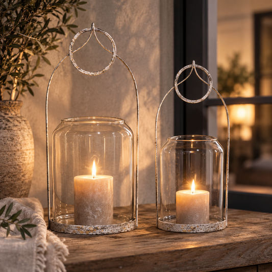 2er Set Windlichter, Vintage Look, in Weiß-Gold