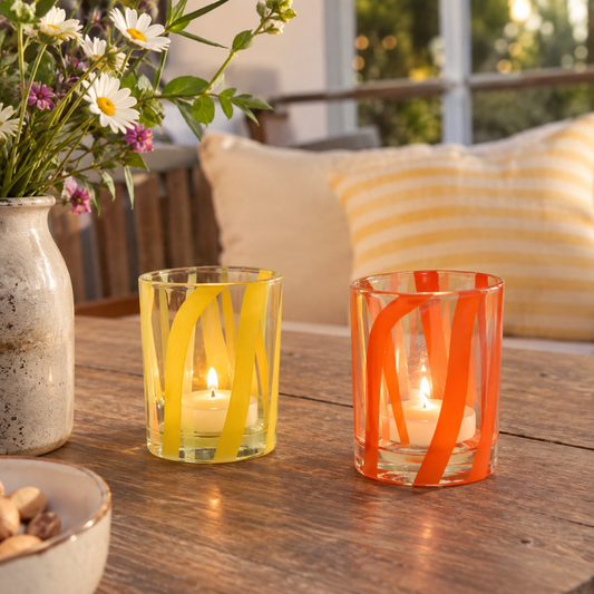 2er-Set Windlichter aus Glas, H 12 cm, Orange & Gelb