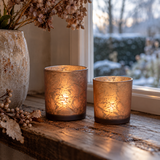 2er Set Windlichter, aus Glas, mit floralem Muster