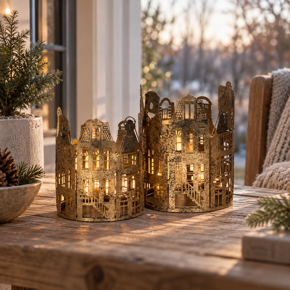 2er Set Windlichter Häuser aus Eisen, in Gold, verschiedene Größen