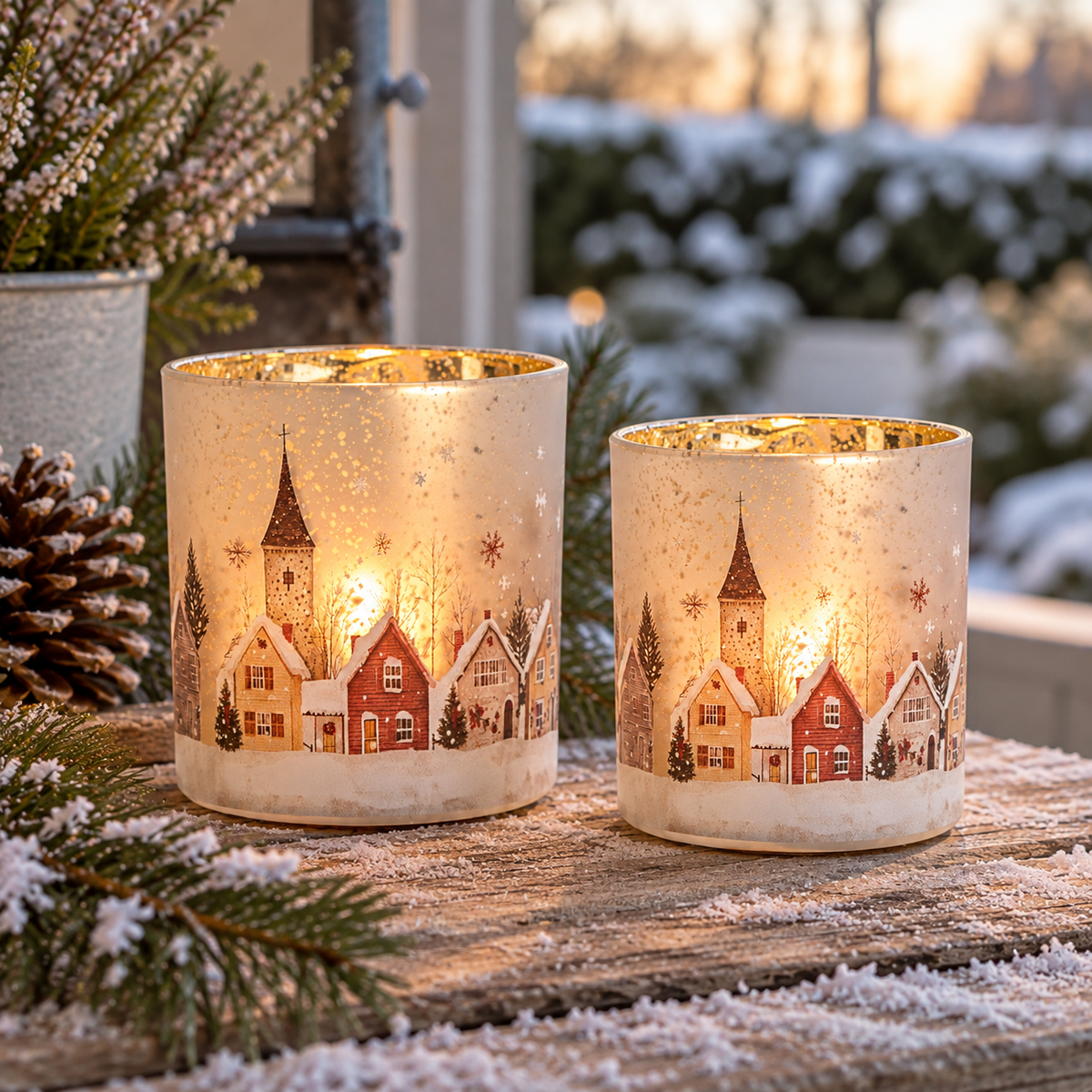 2er Set Windlichter Häuser, aus Glas, winterliches Motiv