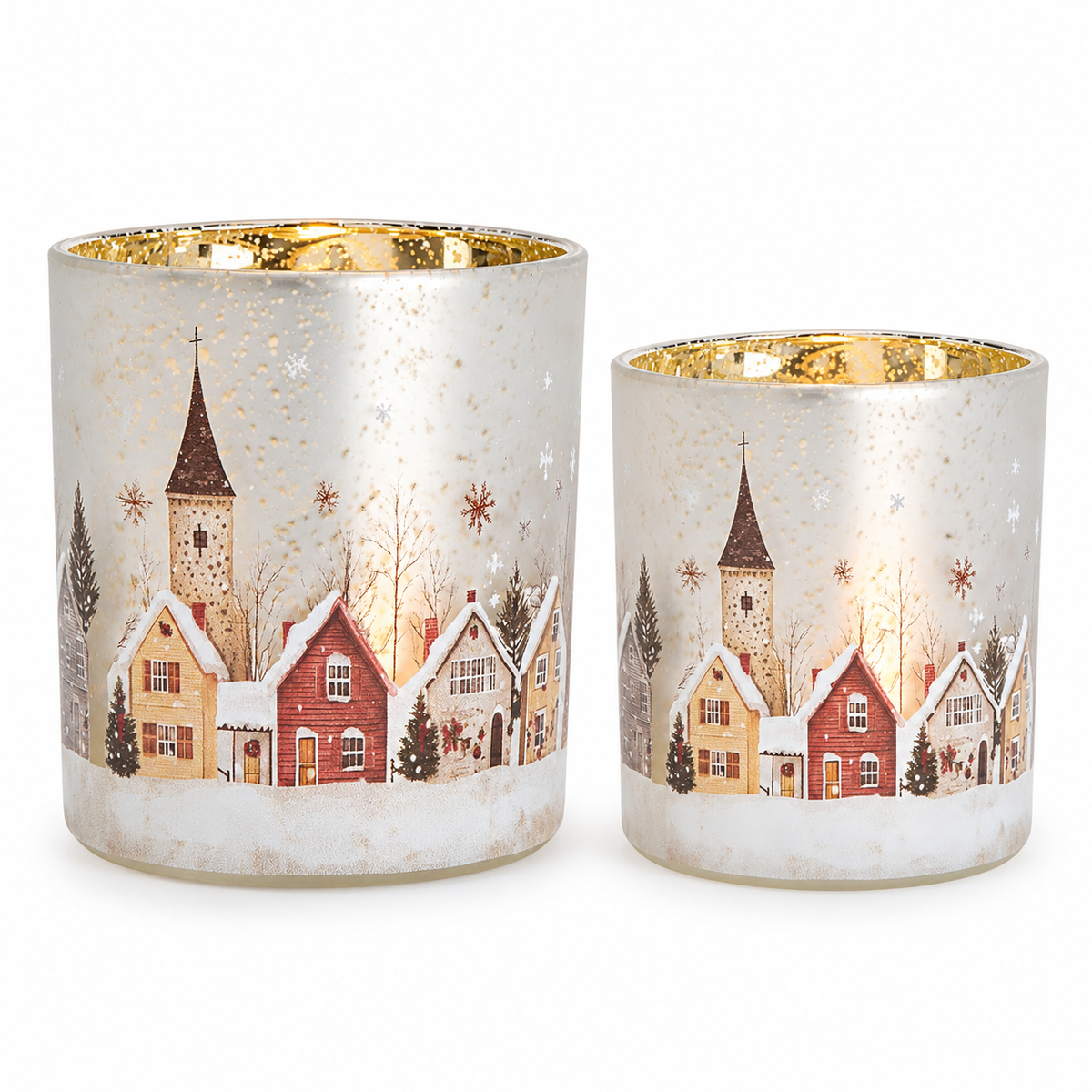 2er Set Windlichter Häuser, aus Glas, winterliches Motiv