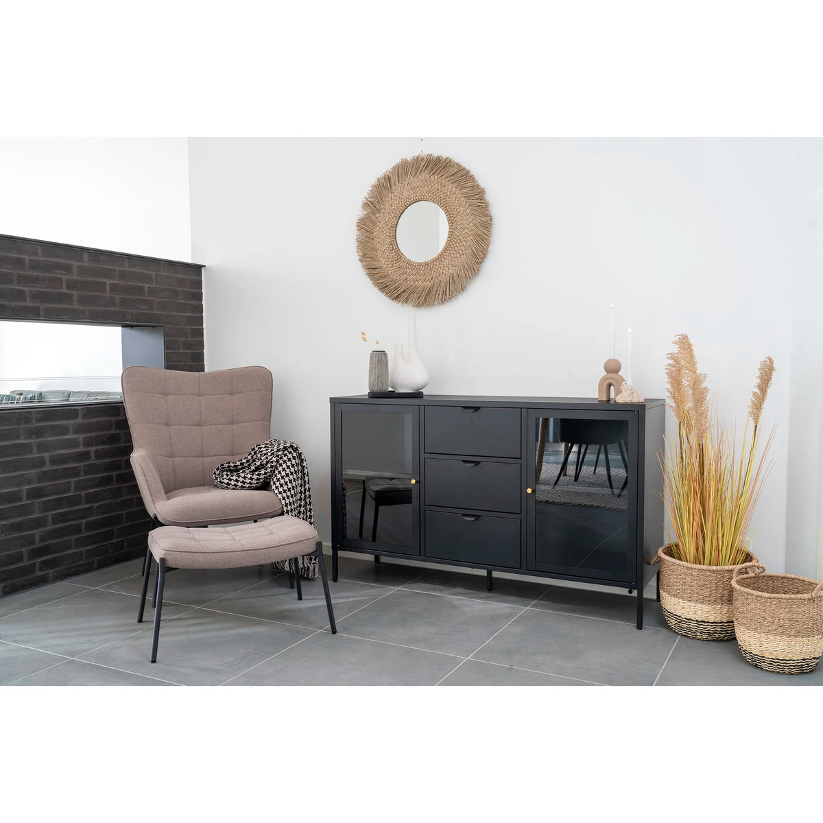 Decke, recycelte Baumwolle, 130 × 180 cm, Schwarz/Beige Hahnentritt