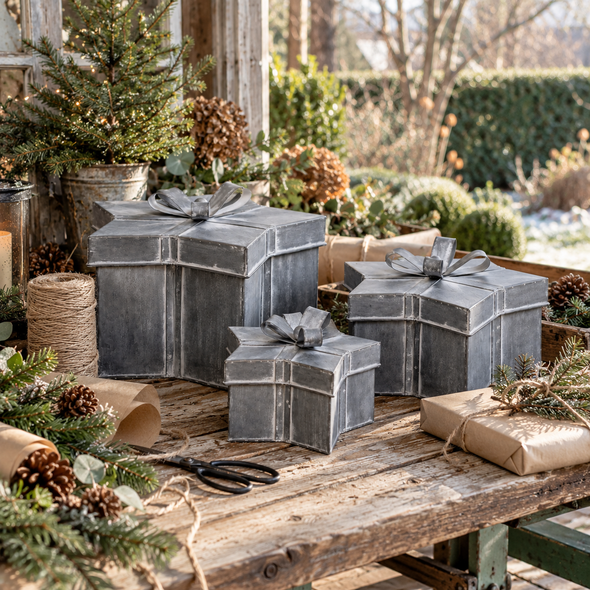 3er Set Geschenkboxen Metall, Antik-Zink mit Schleife