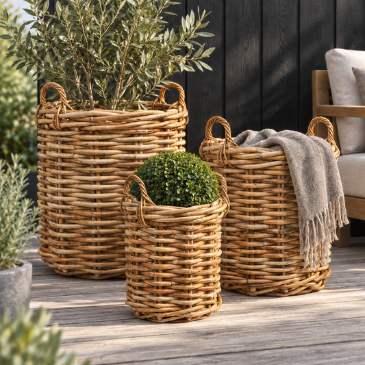 3er Set Flechtkörbe aus Rattan, Natur, mit Griffen