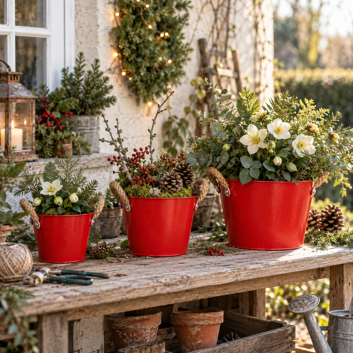 3er Set Pflanzkörbe LENZ, rotes Metall, mit Henkeln