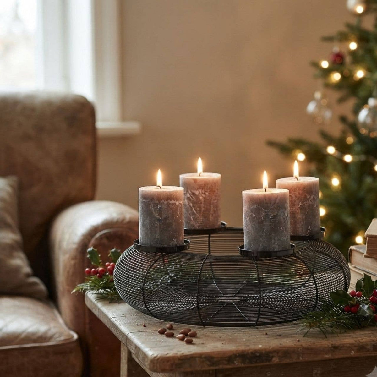 Adventskranz aus Metall, Ø 38 cm, Korbdesign in Schwarz
