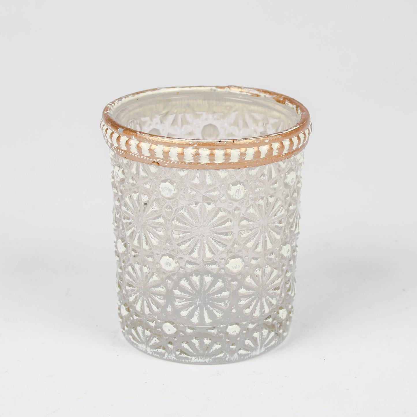 Teelichthalter Glas mit Gänseblümchenmuster – Klar/Weiß/Gold