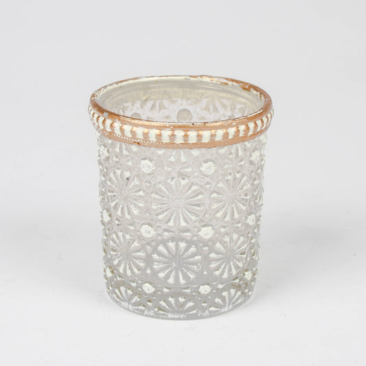 Teelichthalter Glas mit Gänseblümchenmuster – Klar/Weiß/Gold