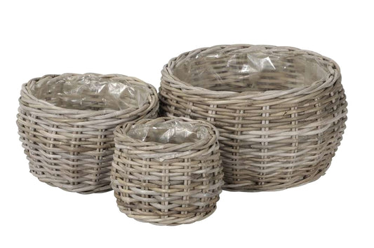 3er Set Runde Rattan-Körbe, Grau, verschiedene Größen