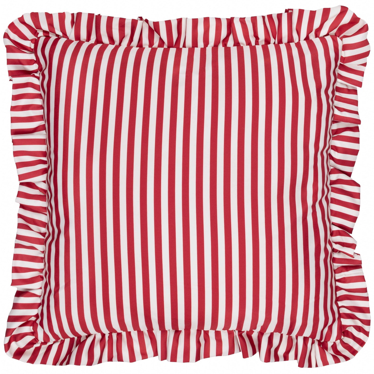 Millie Ruffle Outdoor-Kissen Candy Red gestreift – 50 × 50 cm