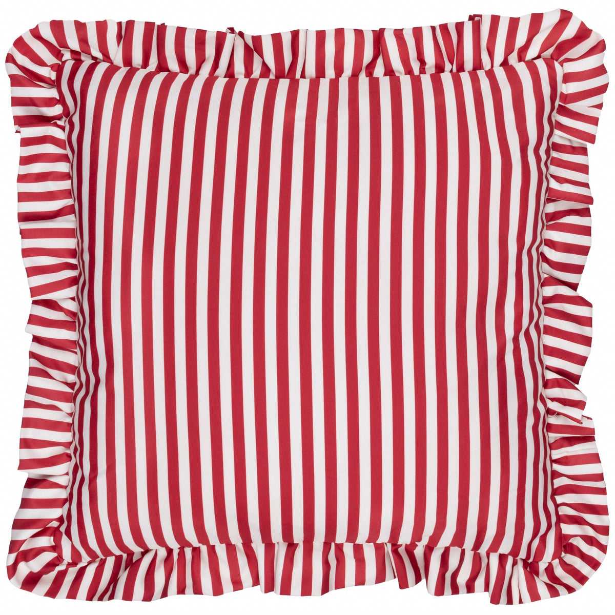 Millie Ruffle Outdoor-Kissen Candy Red gestreift – 50 × 50 cm