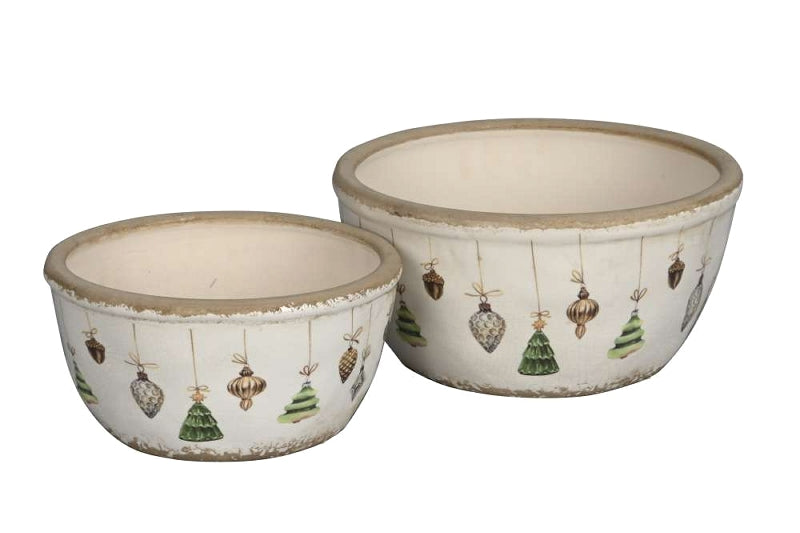 Runde Steinzeug-Schalen im 2er-Set, Grün-Creme, Weihnachtsmotiv