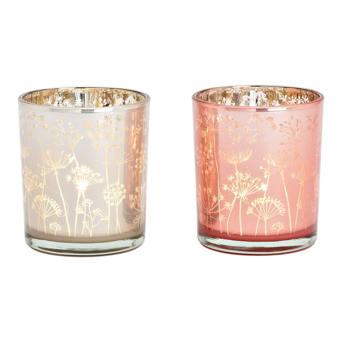 2er-Set Glas-Windlichter – Rosa/Creme mit Blumendekor
